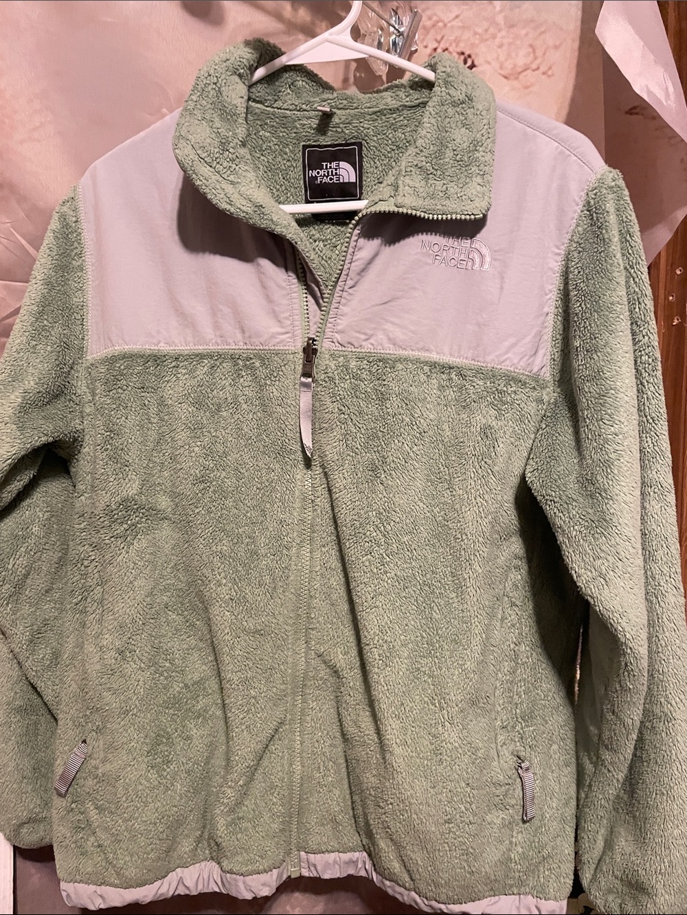 The North Face Sage Green and Pale Gray Plush Fleece Jacket